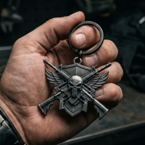 tactical skull & rifles military keychain – gunmetal edition